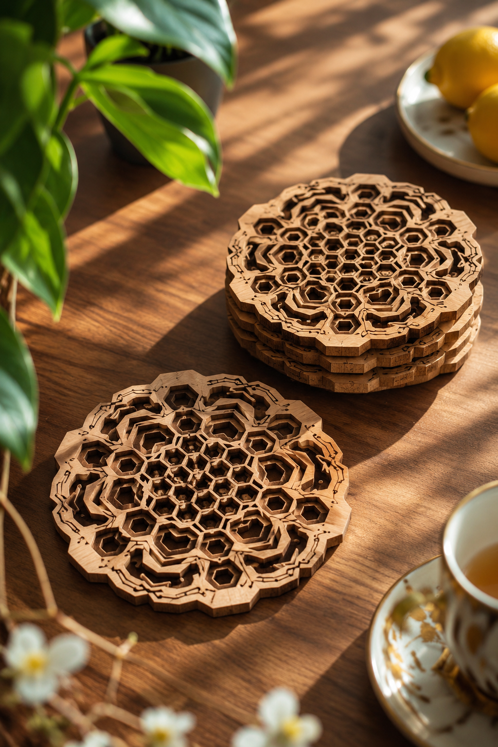 Geometric Mandala Wooden Coasters Set