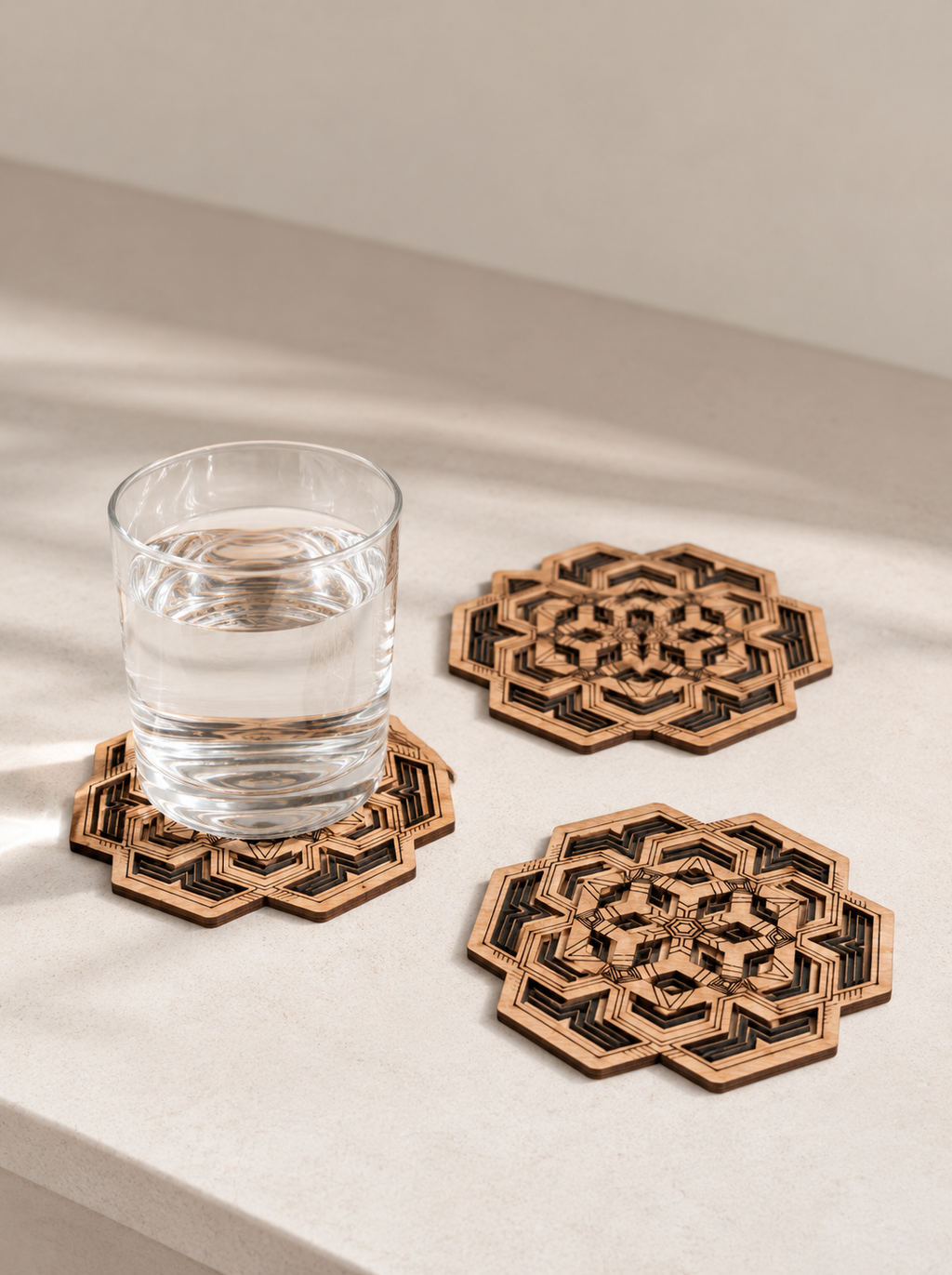 Geometric Flower Wooden Coasters Set