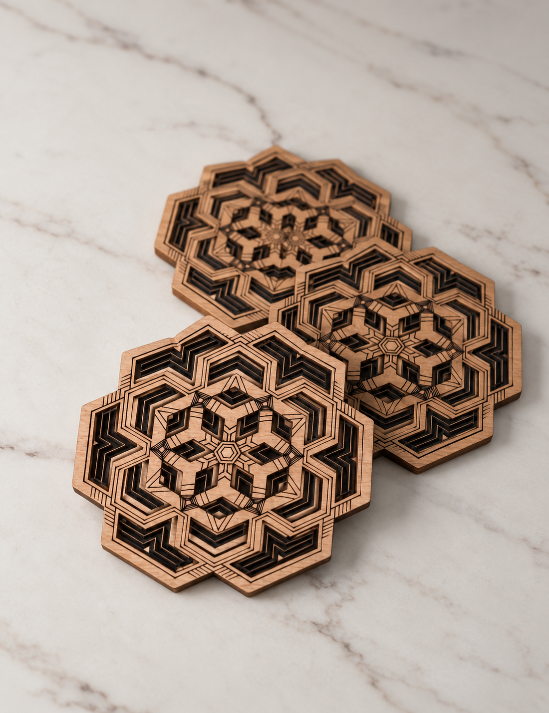 Geometric Flower Wooden Coasters Set